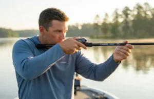 Tackle Ergonomics Audit for Angler’s Elbow Prevention Professional angler on a boat deck critically inspecting the balance of a G. Loomis fishing rod against a sunrise background.
