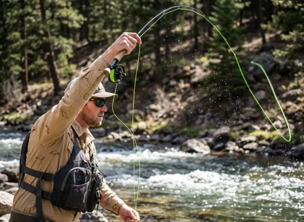 Angler casting a Scott Centric rod and mending Scientific Anglers fly line in a river.