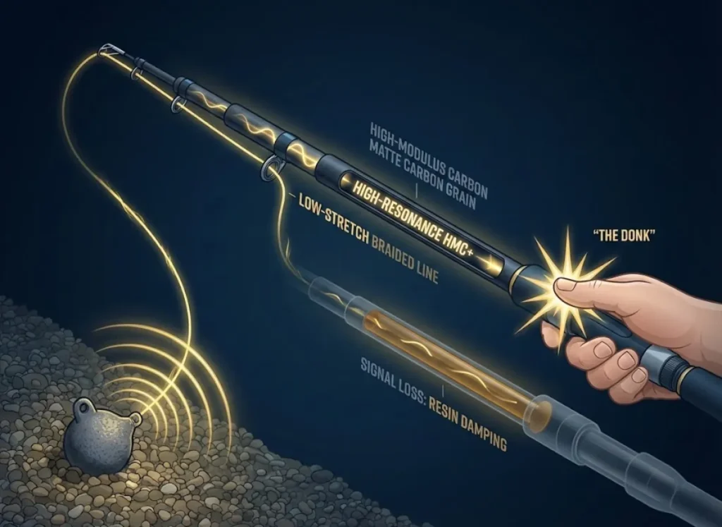 A premium 3D infographic showing the flow of vibration energy from a fishing lead on a gravel lakebed, through a braided line and a high-modulus carbon rod, into a human hand, illustrating the 'Donk' effect and signal resonance.