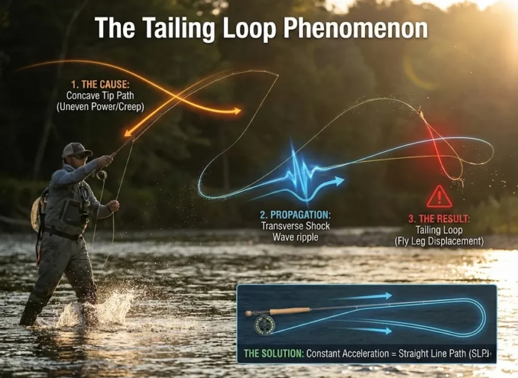 A three-stage multi-exposure semantic infographic illustrating the cause of a tailing loop in fly fishing. Stage 1 shows a casting motion with a dipped rod tip labeled "Concave Tip Path." Stage 2 shows an energy ripple traveling down the line labeled "Transverse Shock Wave." Stage 3 shows the ripple intersecting the loop, causing the fly leg to cross under the rod leg, labeled "Tailing Loop resulting from Fly Leg Displacement."