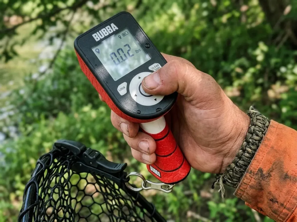 Angler zeroing a digital fish scale on an empty net to tare before weighing a fish