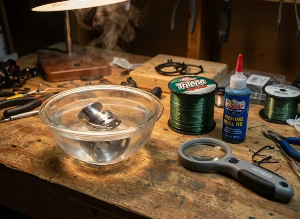 Penn reel spool soaking in warm water on a workbench next to Berkley Trilene line to fix memory.