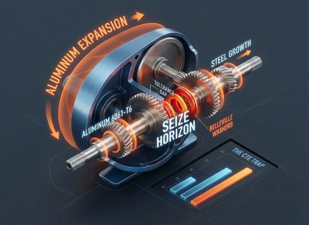 A professional editorial infographic illustrating the 'Seize Horizon' in a fishing reel, comparing the rapid thermal expansion of an aluminum frame against a stainless steel gear system to show how the mechanical tolerance gap closes under high temperatures.