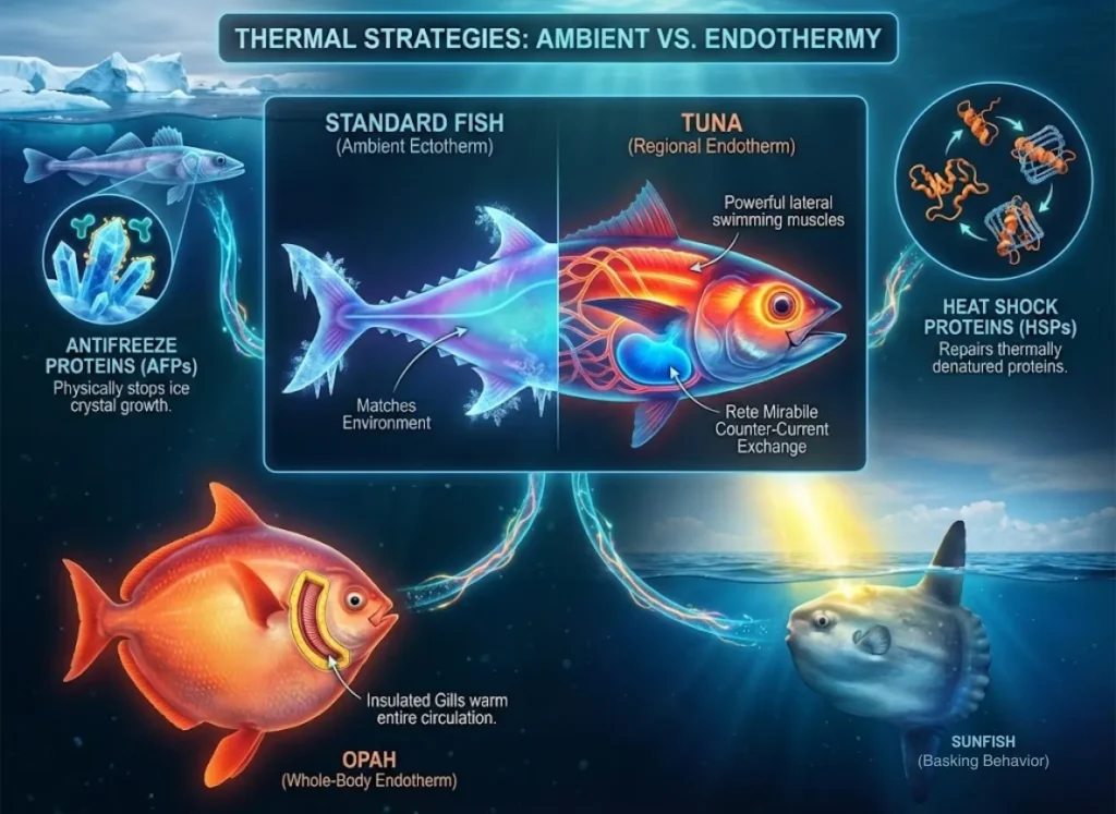 A complex scientific infographic illustrating how various fish species adapt to extreme temperatures. The center features a thermal comparison between a cold, blue "Standard Fish" and a "Tuna" with red hot spots in its muscles and eyes due to regional endothermy. Surrounding panels show Antarctic fish using Antifreeze Proteins, proteins being repaired by Heat Shock Proteins, a fully warm-blooded Opah, and a basking Sunfish. The style is high-end digital illustration with glowing labels.