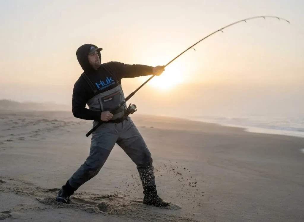 Surf fisherman wearing Simms waders casting a St. Croix rod on a beach at sunrise illustrating lever mechanics.