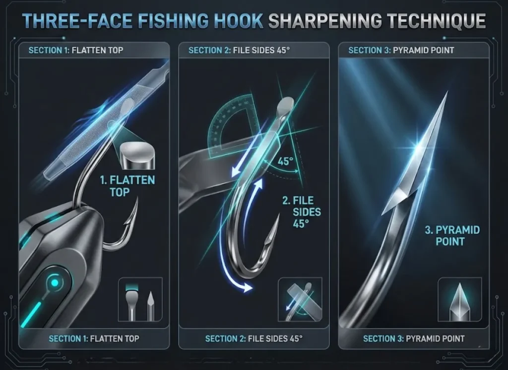 A three-part macro infographic illustrating the Three-Face fishing hook filing technique, showing the flattening of the top and the triangulation of the sides to create a pyramid point.