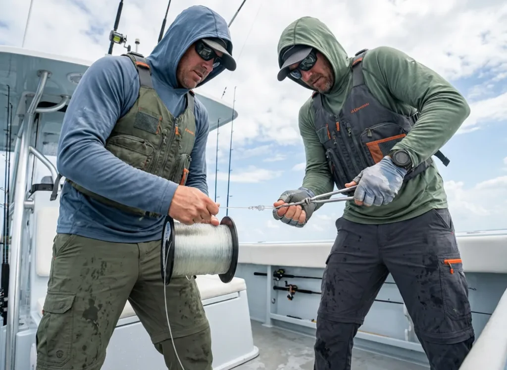 Two anglers on a boat deck using tools to pull tight a heavy fishing line connection, demonstrating the force needed to seat a friction hitch.