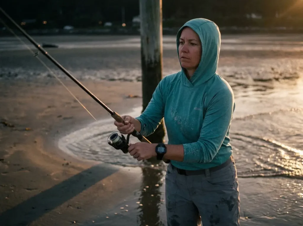 Angler casting on a moving tide at dusk with a Rip Curl tide watch on the wrist