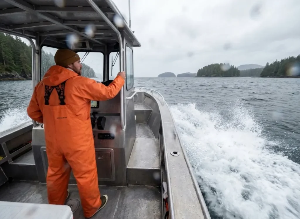 A fishing boat navigating rough waters in Southeast Alaska with an angler in rain gear looking at the coastline.