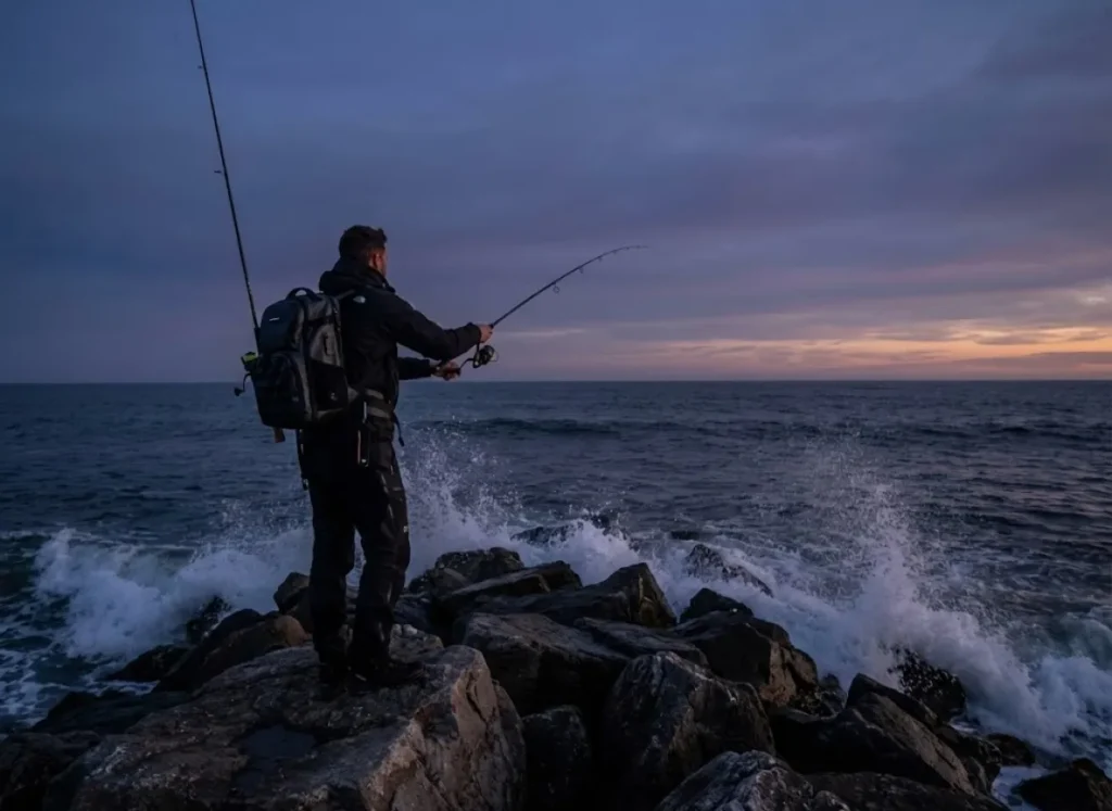 Angler casting from a rocky jetty at dusk wearing a tactical fishing backpack with rod holders.