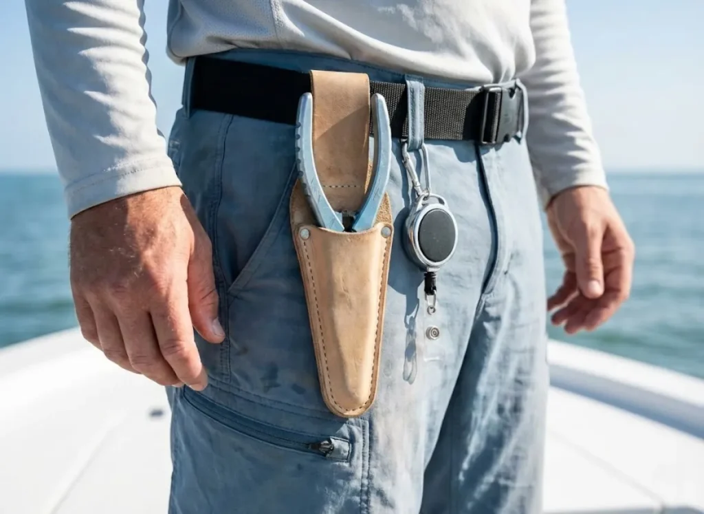 Close up of a fishing guide's belt equipped with heavy-duty pliers and dehooking tools.