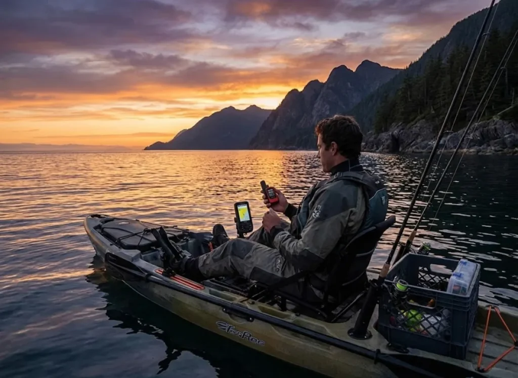 An angler in a kayak at sunset using a marine GPS unit for navigation.