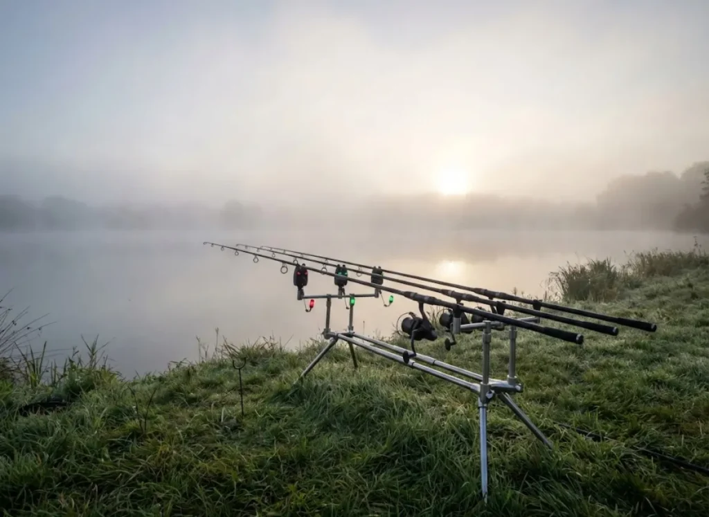 Three carp rods set up on a rod pod at the edge of a misty lake during sunrise.