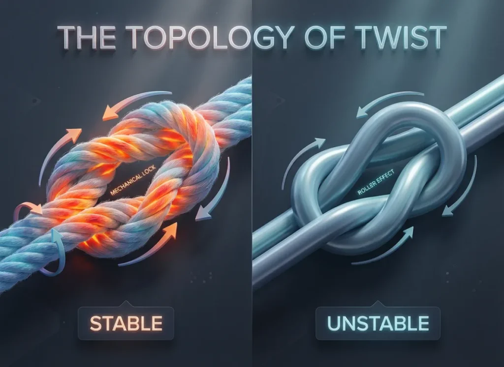 A detailed 3D infographic comparing the mechanical stability of a Reef Knot versus a Granny Knot. The Reef Knot displays opposing twist arrows and a 'STABLE' label, while the Granny Knot shows parallel twist arrows and an 'UNSTABLE' label, illustrating the physics of twist fluctuations and mechanical locking.
