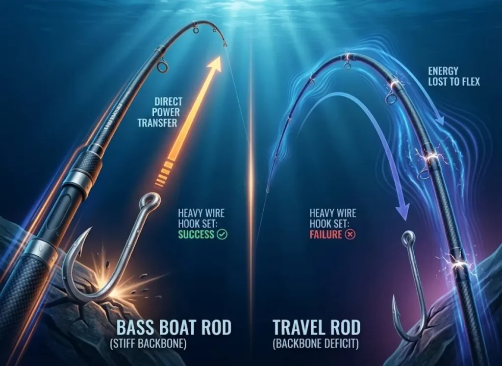 A split-screen infographic illustrating fishing rod flex. On the left, a stiff "Bass Boat Rod" bends slightly, successfully driving a heavy hook. On the right, a multi-piece "Travel Rod" bends significantly, failing to set the same heavy hook due to energy loss.