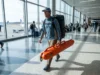 Traveling With Fishing Gear TSA: 2026 Master Checklist Angler walking through airport terminal carrying a Patagonia Black Hole duffel and orange Sportube rod case.