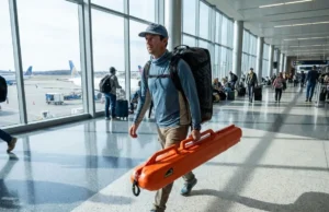 Traveling With Fishing Gear TSA: 2026 Master Checklist Angler walking through airport terminal carrying a Patagonia Black Hole duffel and orange Sportube rod case.