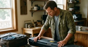 5 Fishing Gear Mistakes That TSA Will Flag Angler packing fishing gear and a rod tube on a table before a flight, following TSA travel rules