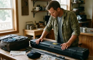 5 Fishing Gear Mistakes That TSA Will Flag Angler packing fishing gear and a rod tube on a table before a flight, following TSA travel rules