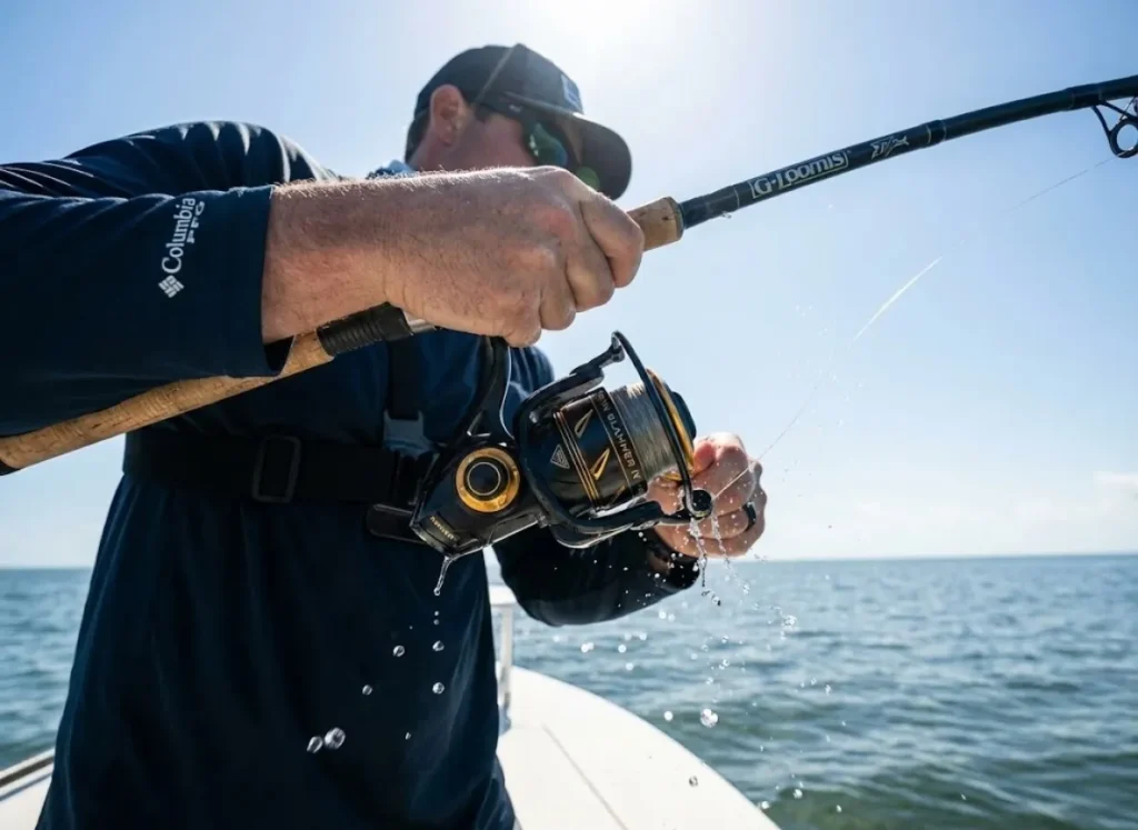 Close up of a Penn Slammer IV reel screaming under heavy drag pressure while saltwater sprays off the spool.