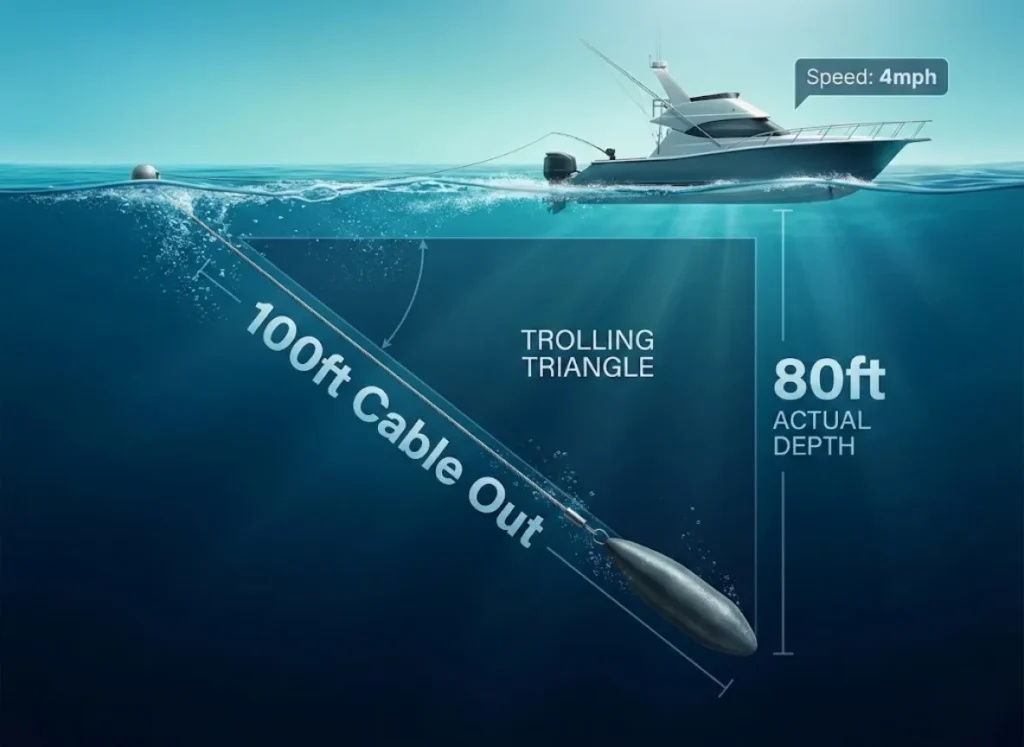 A high-end "Vector-Realism" infographic illustrating the 'Blowback' effect in downrigger fishing. It shows a boat profile on the water surface with a diagonal cable extending to a torpedo weight, forming a 'Trolling Triangle' that visualizes the 20% depth loss caused by drag at 4mph.