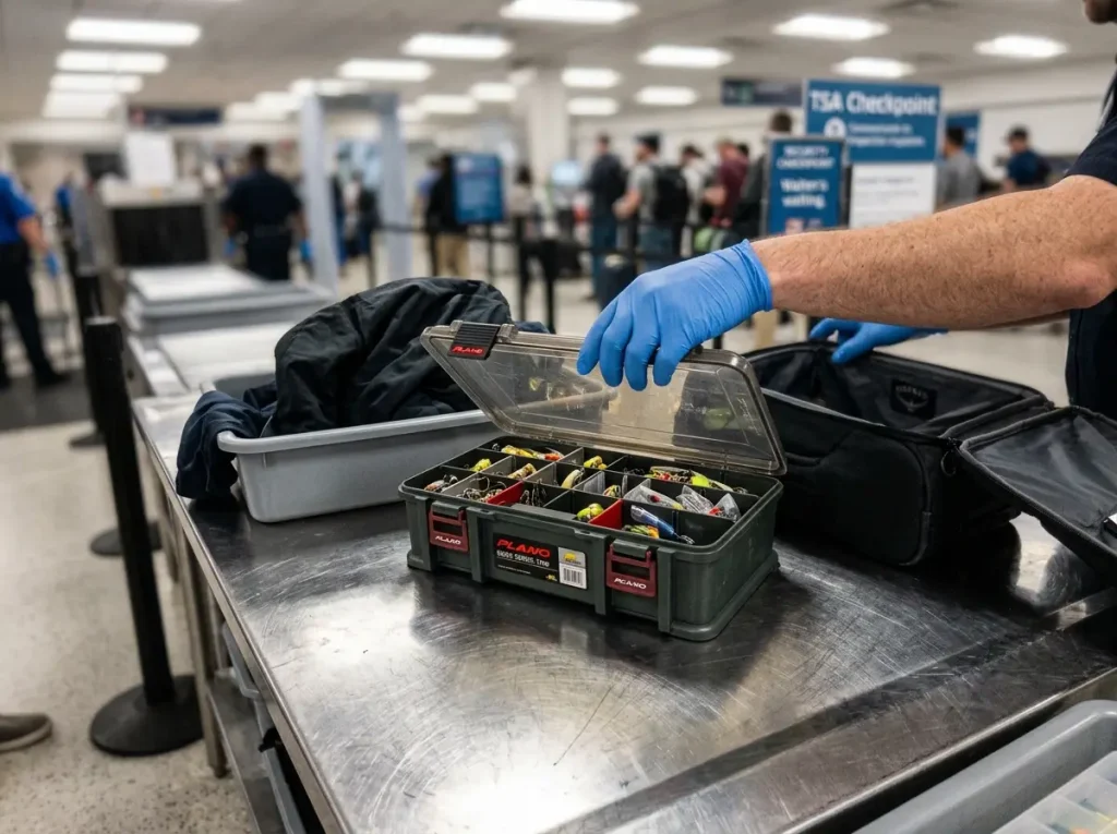 A TSA officer hand-inspecting an open tackle box of fishing lures at a security checkpoint table