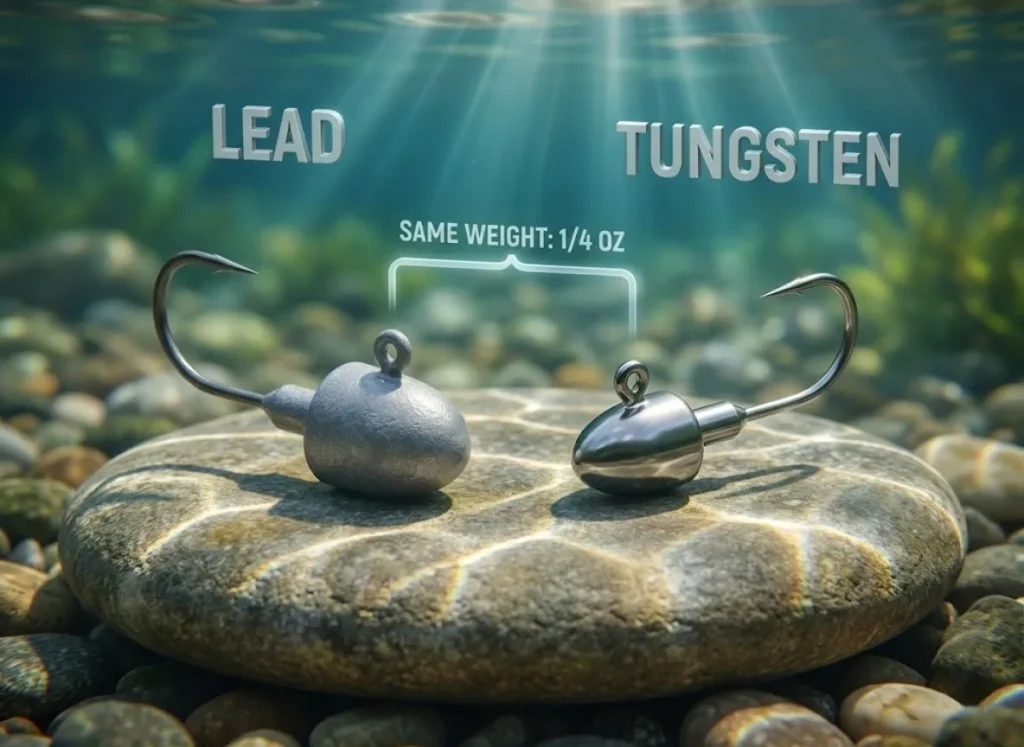A realistic side-by-side macro illustration showing a large, bulky lead jighead next to a small, compact tungsten jighead of the same weight, resting on a riverbed stone underwater.