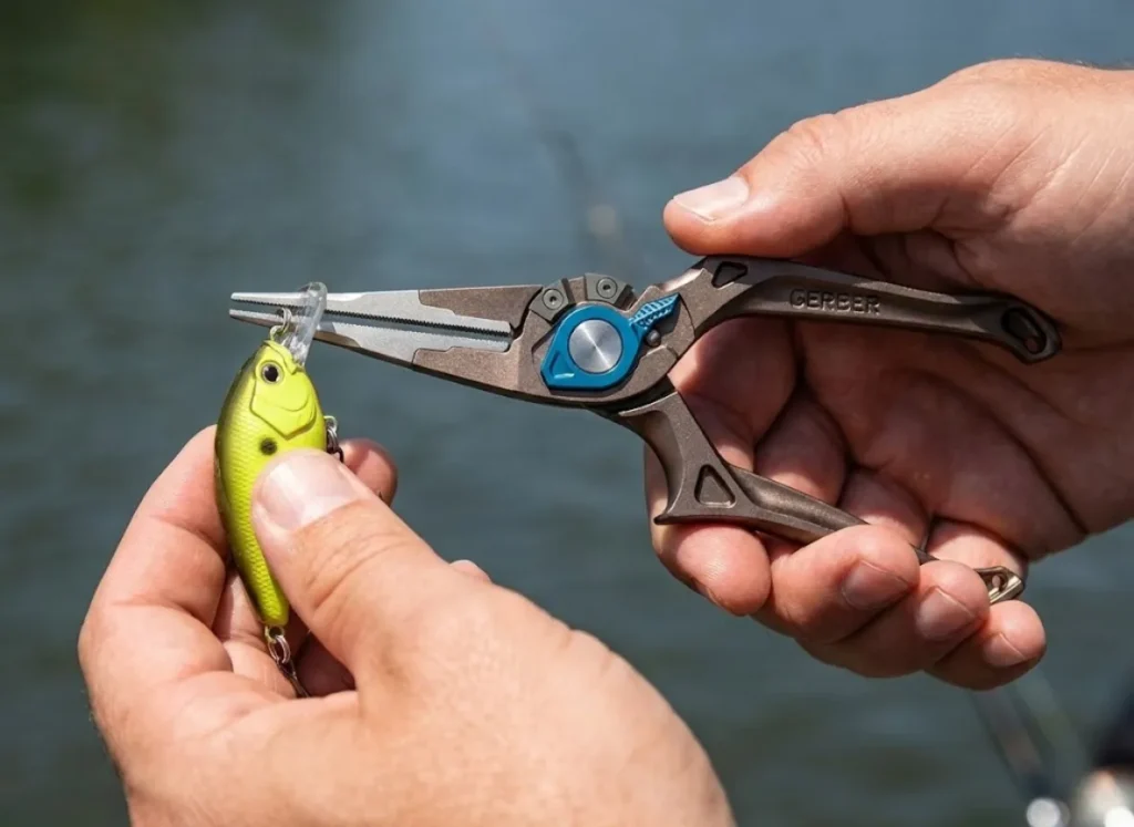 Close-up of an angler's hands using Gerber pliers to slightly bend the eyelet of a chartreuse square-bill crankbait.