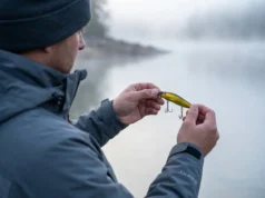 Tuning Lure Rise Rates via Archimedes Buoyancy Physics Professional angler in Simms gear inspecting a jerkbait on a foggy lake, illustrating precision fishing and buoyancy physics.