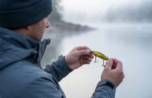 Tuning Lure Rise Rates via Archimedes Buoyancy Physics Professional angler in Simms gear inspecting a jerkbait on a foggy lake, illustrating precision fishing and buoyancy physics.