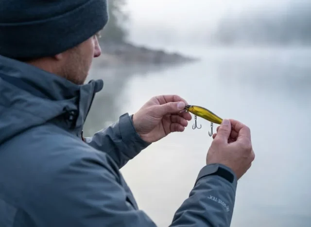 tuning-lure-rise-rates-physics-simms-gear Professional angler in Simms gear inspecting a jerkbait on a foggy lake, illustrating precision fishing and buoyancy physics.