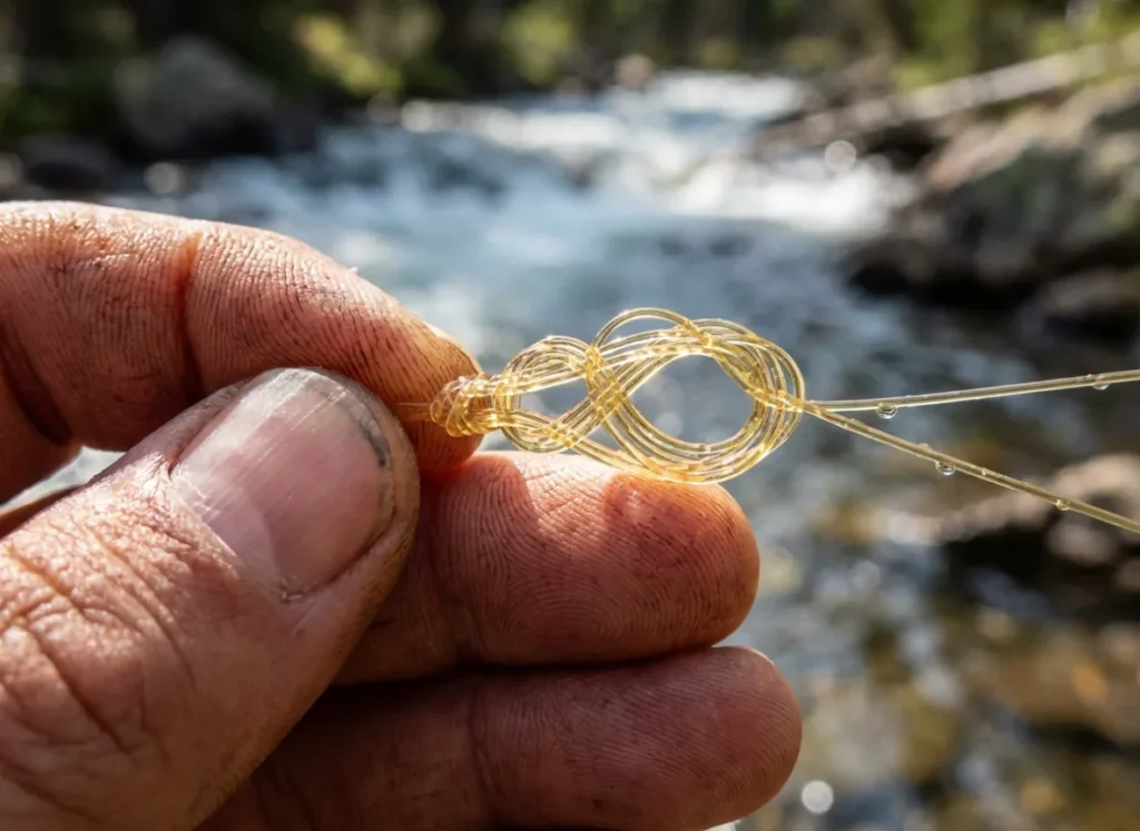 Close-up macro shot of rugged hands tying a fishing knot, showing the intricate loops and structure of the line against a river background.