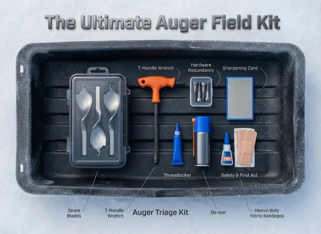 A high-definition flat-lay infographic displayed on a rugged sled surface, showcasing an ice fishing auger repair kit. Labeled items include spare blades in a case, T-handle wrench, threadlocker, spare bolts, and first aid supplies.