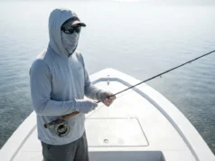 UPF Clothing Physics Protection: The Angler’s Guide Angler on a skiff wearing a Simms SolarFlex hoody and Costa del Mar sunglasses facing intense solar reflection on the flats.