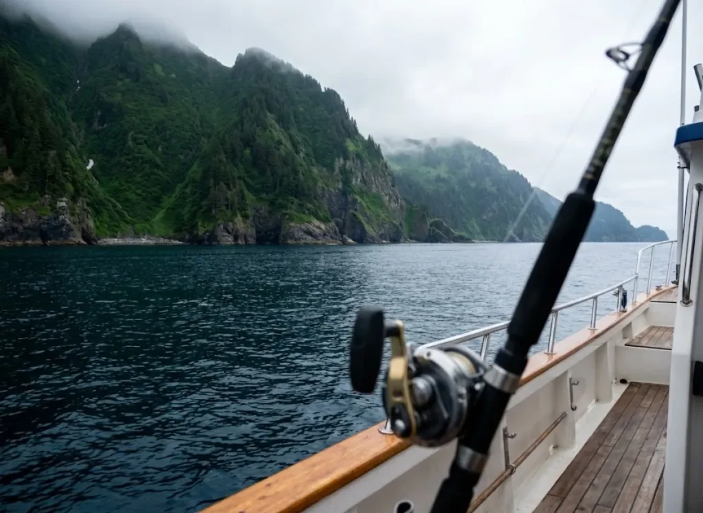 The lush green mountains of Kodiak Island viewed from a fishing boat in the ocean.