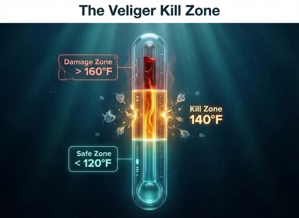 A stunning 3D vertical thermometer infographic showing the critical temperatures for boat decontamination. It displays a Safe Zone below 120°F, a Kill Zone for invasive veligers at 140°F, and a Damage Zone for boat materials above 160°F, set against a deep aquatic background.