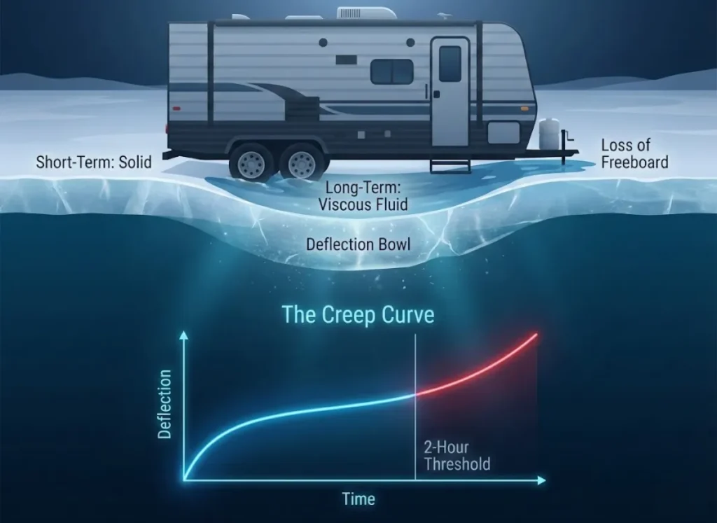 A detailed 3D cross-section illustration of a frozen lake showing a heavy wheelhouse causing the ice to bend downward. A glowing graph beneath the water illustrates the "Creep Curve" and the danger of the 2-hour threshold.