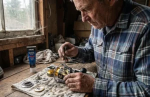 Visual Lubrication Map: Fishing Reel Greasing Guide Angler performing maintenance on a Shimano Stella reel at a wooden workbench with Patagonia clothing and marine grease.