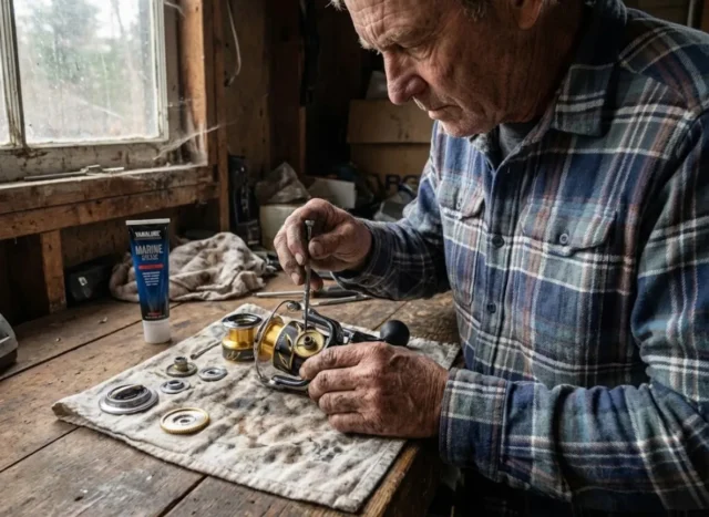 visual-lubrication-map-header Angler performing maintenance on a Shimano Stella reel at a wooden workbench with Patagonia clothing and marine grease.