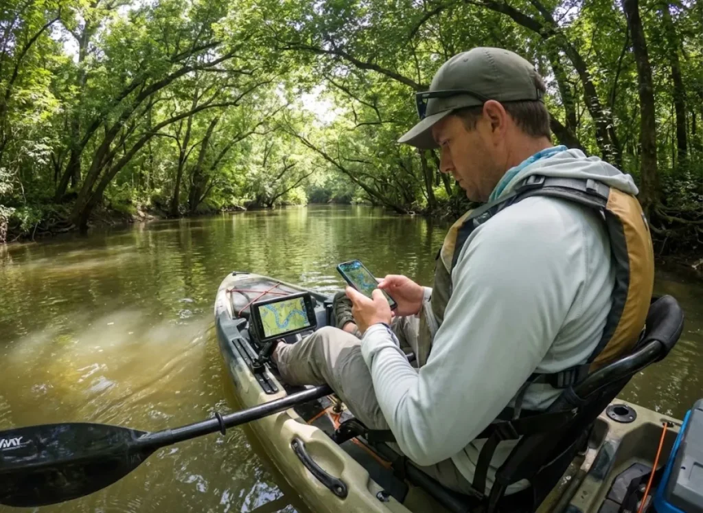 Kayak angler studying a digital river map on a mounted smartphone in a narrow, wooded stream.