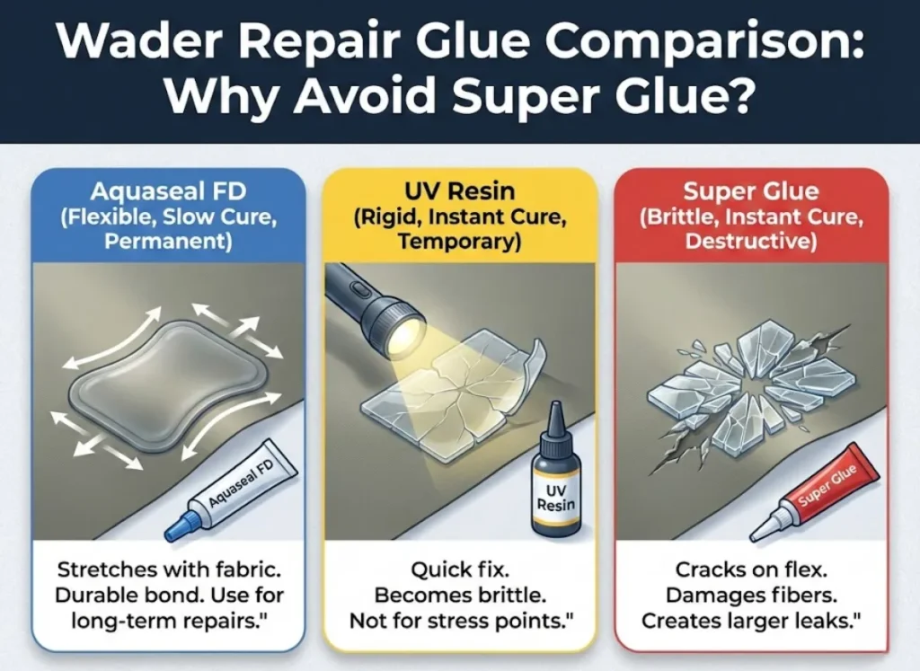 A comparison infographic showing three columns: Aquaseal FD (Flexible, Slow Cure, Permanent), UV Resin (Rigid, Instant Cure, Temporary), and Super Glue (Brittle, Instant Cure, Destructive), with illustrations of their effects on wader fabric.