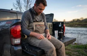Wader Repair Guide: Patching Leaks for Longevity Angler sitting on a truck tailgate inspecting Simms G3 Guide Waders for leaks with a tube of Gear Aid Aquaseal nearby.