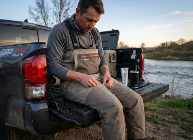 wader-repair-guide-simms-tailgate Angler sitting on a truck tailgate inspecting Simms G3 Guide Waders for leaks with a tube of Gear Aid Aquaseal nearby.