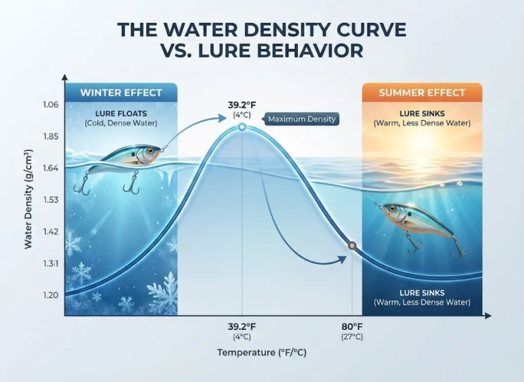 A detailed infographic titled 'THE WATER DENSITY CURVE VS. LURE BEHAVIOR'. A graph in the center shows water density peaking at 39.2°F (4°C) and decreasing at higher temperatures. To the left, in a cold water section, a fishing lure with 'WINTER EFFECT' text floats on the surface, labeled 'LURE FLOATS (Cold, Dense Water)'. An arrow points to the high-density peak. To the right, in a warm water section, the same lure with 'SUMMER EFFECT' text sinks below the surface, labeled 'LURE SINKS (Warm, Less Dense Water)'. An arrow points to the lower density at 80°F. The overall style is clean, digital, and educational.