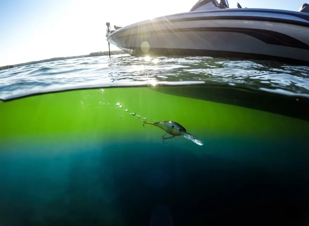 Split underwater shot showing the transition from bright surface water to dark deep water layers.