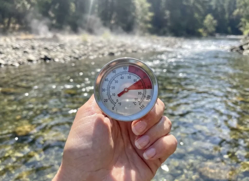 An angler checking a stream thermometer in bright sunlight, illustrating the importance of water temperature in fish handling safety.