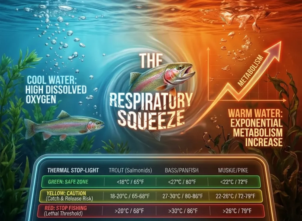 A complex infographic illustrating the "Respiratory Squeeze" in fish due to rising water temperature. A stressed Rainbow Trout is central, caught between rising heat (orange/red zone) and depleting oxygen (blue zone). Integrated text labels explain exponential metabolism increase versus dissolved oxygen drop. Below is a stylized "THERMAL STOP-LIGHT" chart showing safe, caution, and stop-fishing temperature ranges for Trout, Bass, and Muskie. The style is premium vector-realism fusion.