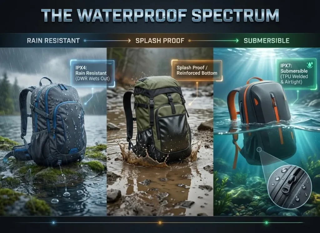 A three-panel technical infographic illustrating fishing pack waterproof ratings. The left panel shows a pack with water beading in rain (IPX4); the middle shows a pack base sitting in a puddle (Splash Proof); the right panel shows a TPU welded pack floating submerged in a river with a non-corrosive zipper (IPX7).