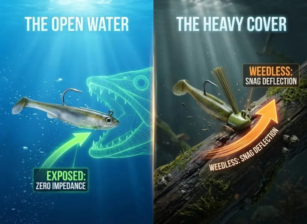 A split-screen underwater illustration comparing fishing hooks. The left side shows an exposed hook ready to catch a fish, labeled "Exposed: Zero Impedance." The right side shows a weedless hook with a brush guard bouncing off a submerged log, labeled "Weedless: Snag Deflection."