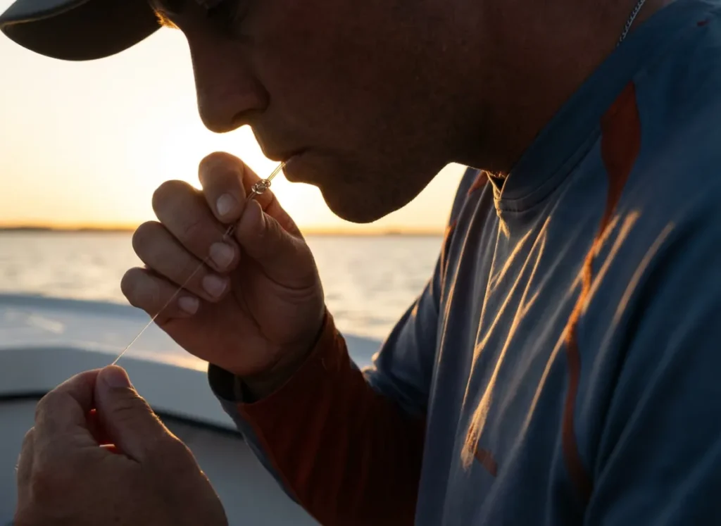 Silhouette of an angler wetting a fishing knot with saliva at sunset, demonstrating the lubrication needed to prevent friction heat.